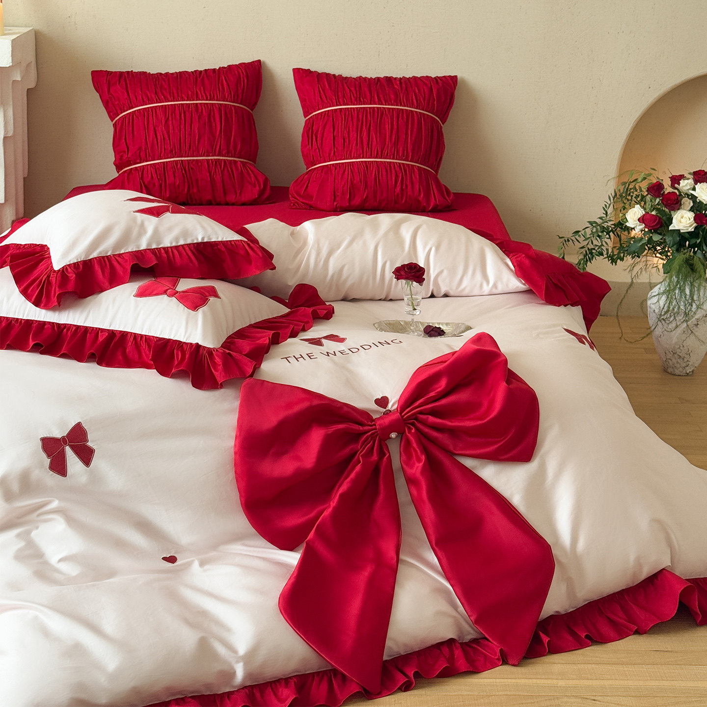 LANSWAY浪漫蝴蝶结婚床上四件套全棉刺绣红色婚庆被套床单1.8床笠