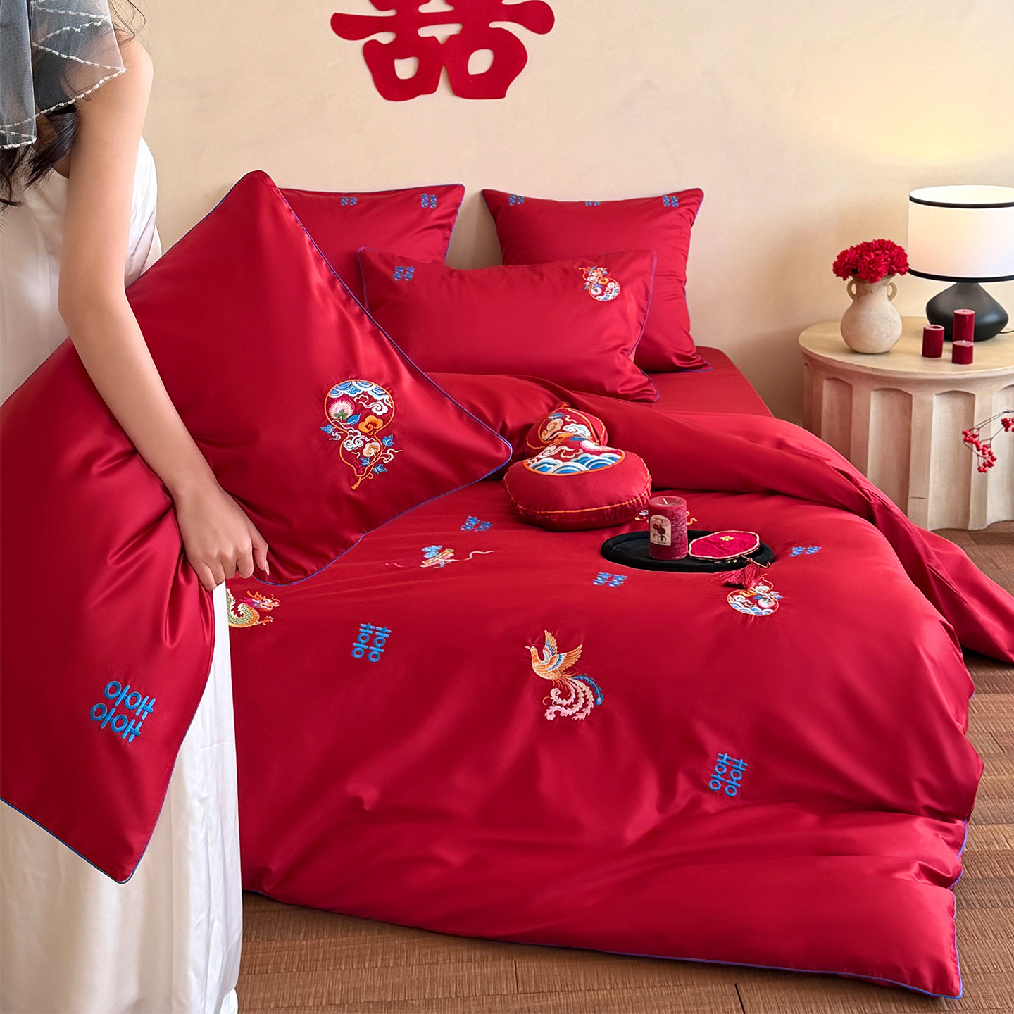 LANSWAY新中式龙凤刺绣婚庆四件套大红色喜字结婚纯棉2米床品被套