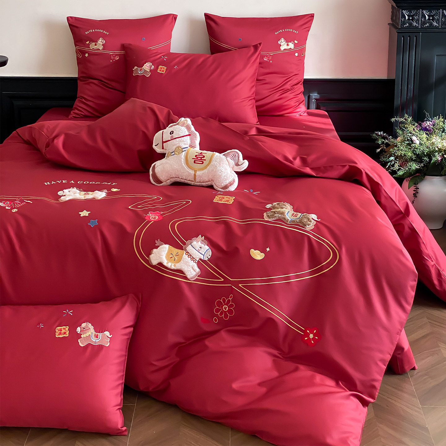 LANSWAY马年新春婚庆被套全棉长绒棉红色结婚床单床笠床上四件套,床上用品,婚庆床品套件,淘宝优惠券,粉丝福利购,淘宝优惠卷