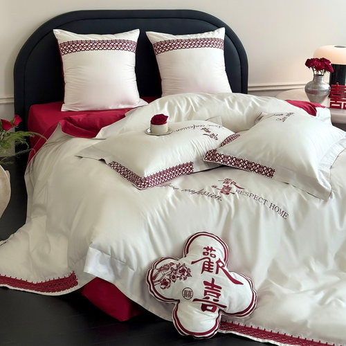 国风欢喜镂空刺绣婚庆四件套全棉100S长绒棉结婚被套红色床单床笠
