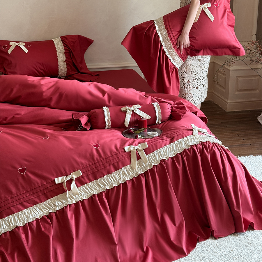 法式公主风婚庆四件套全棉爱心刺绣蕾丝花边红色结婚被套床单床笠