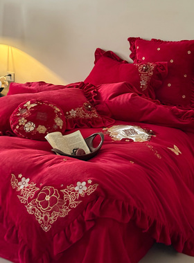 冬季保暖230g牛奶绒婚庆四件套贴布刺绣荷叶花边结婚被套床单床笠