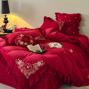 冬季 保暖230g牛奶绒婚庆四件套贴布刺绣荷叶花边结婚被套床单床笠