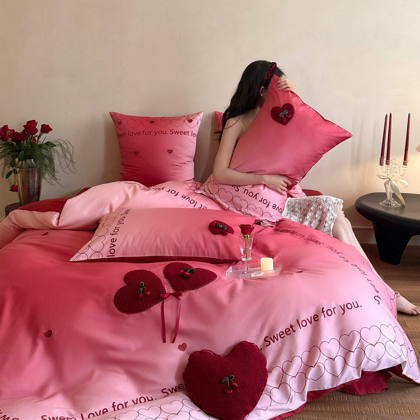 LANSWAY爱心绣全棉渐变红色婚庆四件套长绒棉结婚被套床单1.8床笠,床上用品,婚庆床品套件,淘宝优惠券,粉丝福利购,淘宝优惠卷