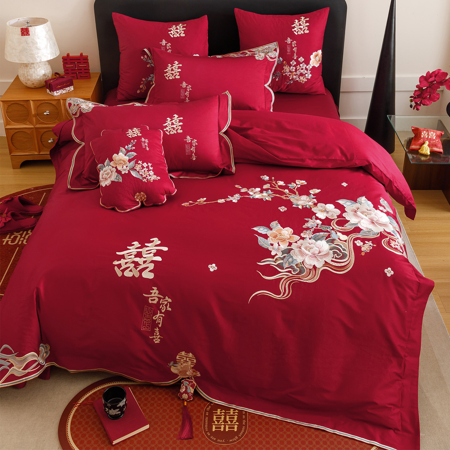 LANSWAY祥云绣喜婚庆四件套全棉中式龙凤刺绣结婚房被套2米床单