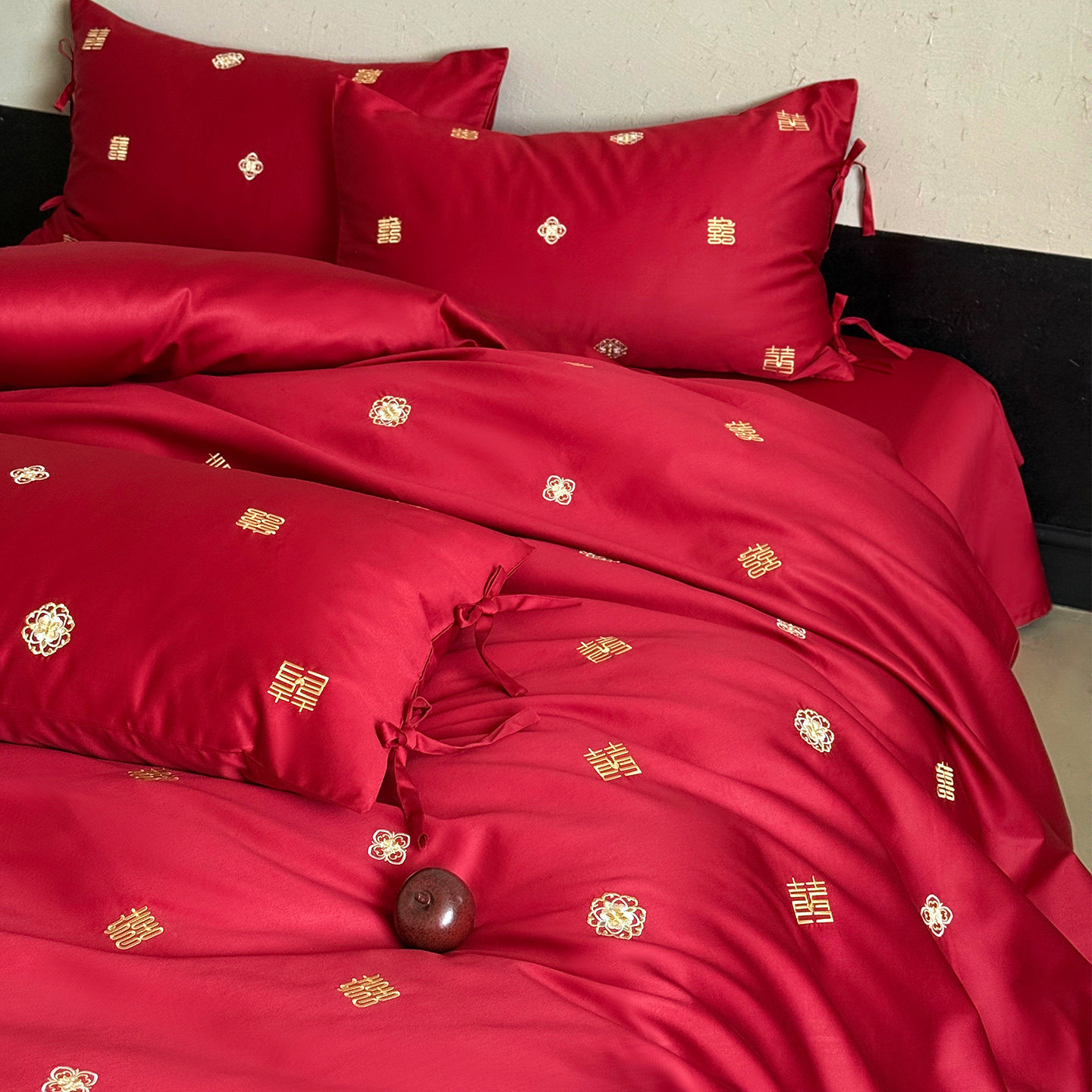 LANSWAY简约新中式婚庆四件套全棉喜字刺绣红色结婚被套床单床笠
