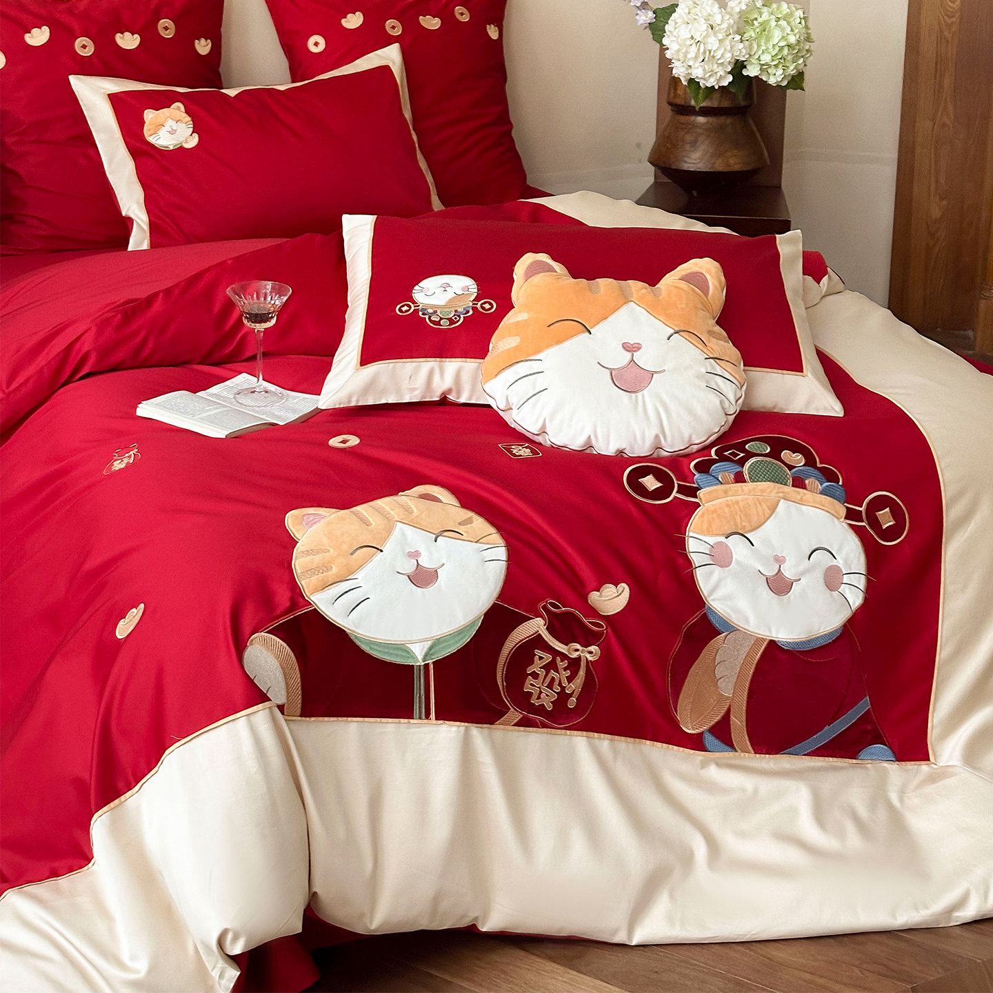 LANSWAY迎福猫新年喜婚庆红色四件套全棉刺绣结婚被套床单1.8床笠,床上用品,婚庆床品套件,淘宝优惠券,粉丝福利购,淘宝优惠卷