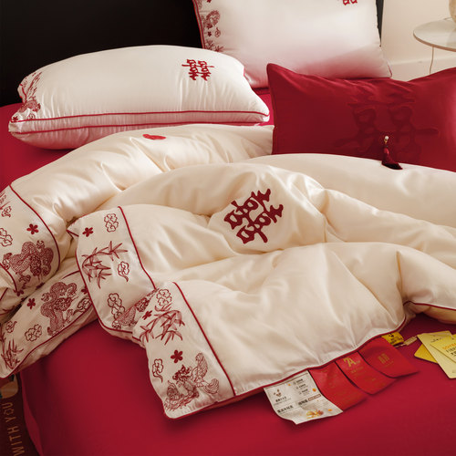 圆满喜被春秋冬婚庆大豆被子陪嫁喜字刺绣空调被结婚被保暖棉被