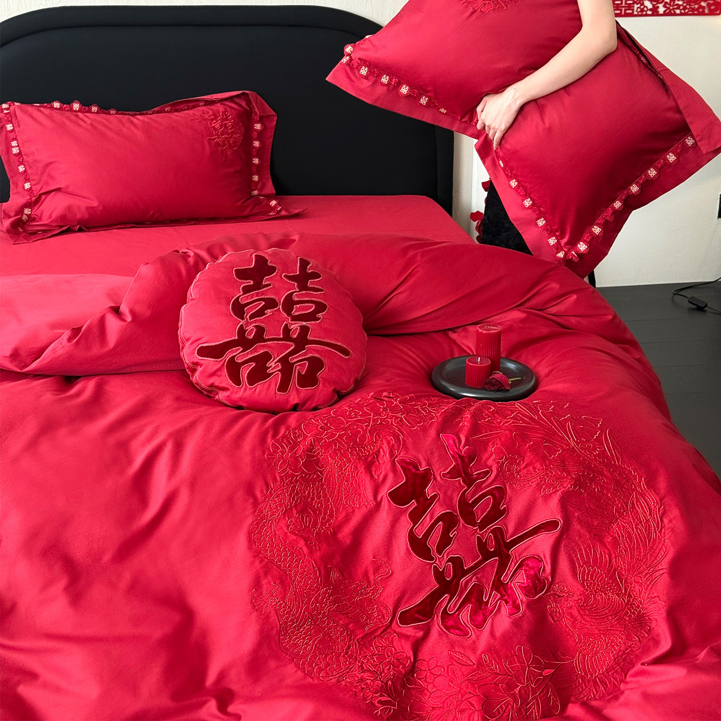 LANSWAY简约中式龙凤喜事婚庆床品全棉刺绣双喜结婚红色被套床单