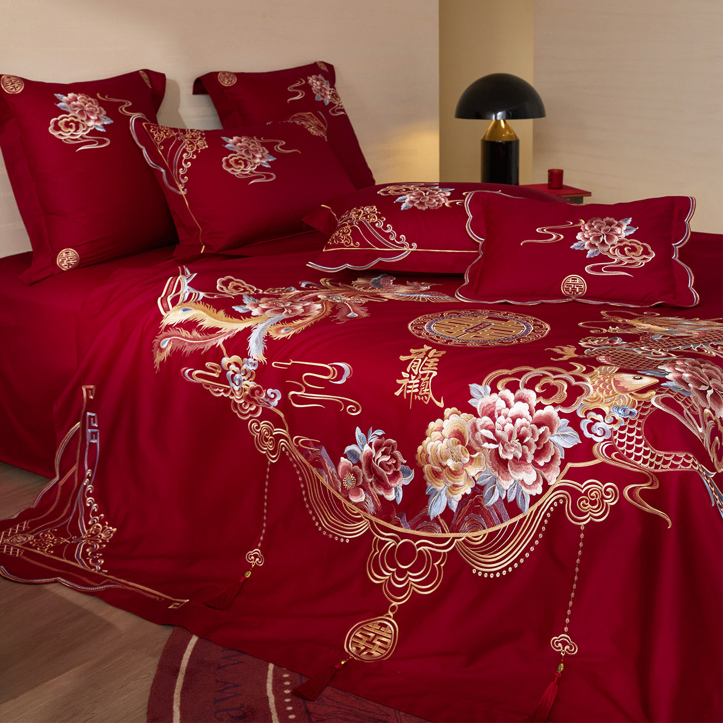 LANSWAY盛世龙凤高端刺绣婚庆四件套全棉中式结婚礼红色被套床单