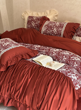 法式浪漫婚礼床上用品100支长绒棉刺绣花红色婚庆被套床单四件套