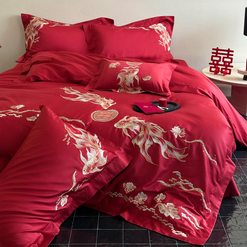 锦鲤有喜国风喜庆婚礼四件套全棉长绒棉红色结婚被套2米纯棉床单