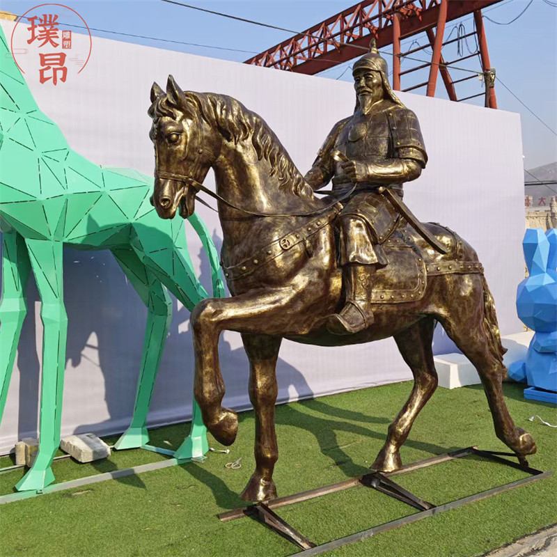 古代蒙古骑士玻璃钢雕塑 仿铜骑马士兵人物雕像 骑兵战马铜像定制