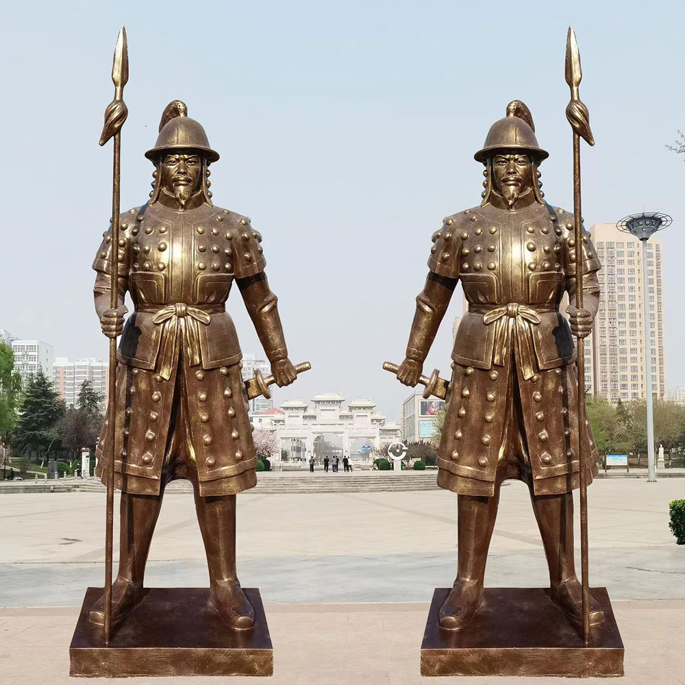 明朝士兵官兵雕塑古代仿铜人物大将军侍卫雕像户外玻璃钢武士铜像