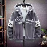 羊羔绒外套男士秋冬款潮流休闲连帽夹克男冬季潮牌颗粒绒褂子衣服，男装夹克，星座208-1