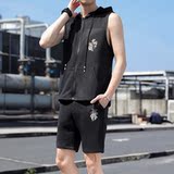 男夏季休闲马甲五分裤套装毛圈布五分裤连帽马甲印花K13P45一套，男装牛仔裤，星座208-1