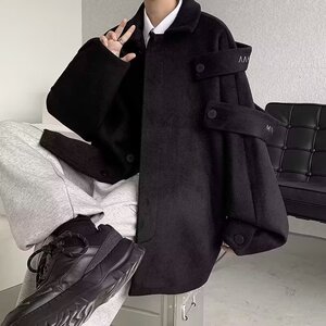 毛呢外套男秋冬小众设计感美式复古宽松休闲加厚夹克潮牌大衣P75图片