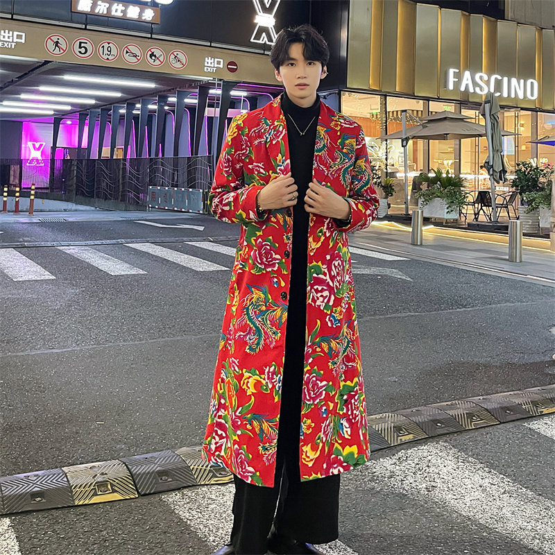 男装秋冬风衣东北大花网红爆长风衣社会男风衣Y114P125加棉P135,男装风衣,星座208-1