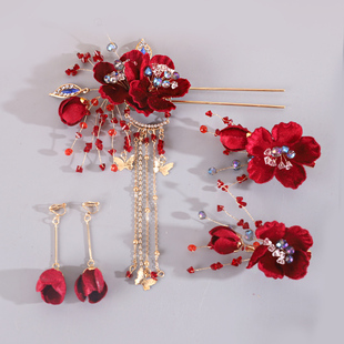 古风红色绒花边夹全套汉服新娘头饰发夹珍珠流苏简约百搭喜庆花朵