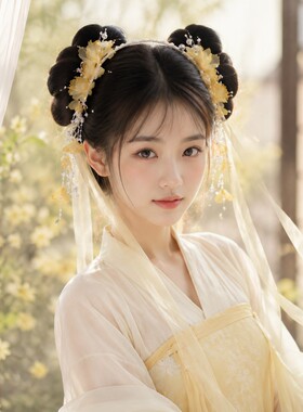 暖黄薄纱花珍珠发箍幻彩珠长飘带古风汉服齐胸裙仙气外出拍照头饰