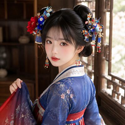 宝蓝布艺花刺绣汉服发饰套装复古蓝红流苏发梳古风婚嫁全套头饰