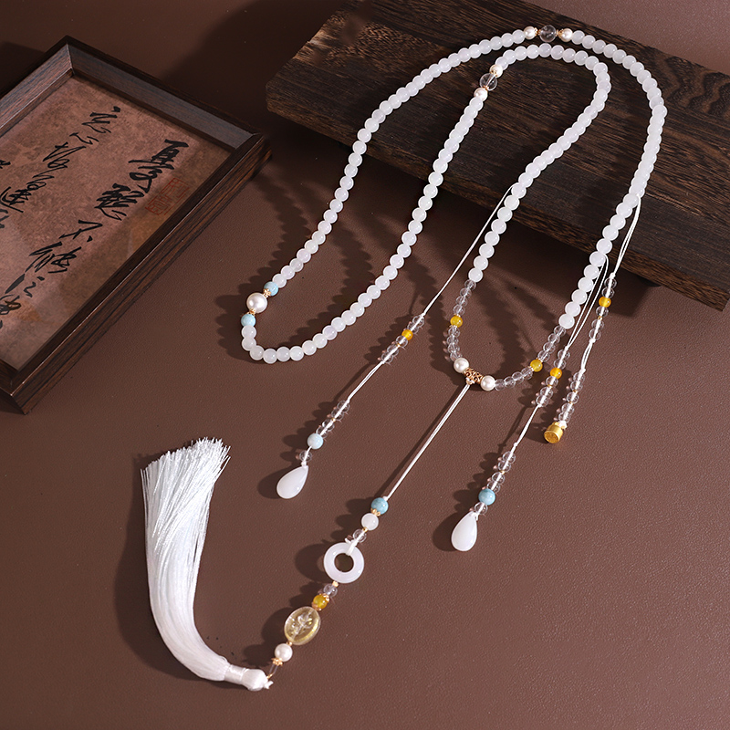 新中式平安扣流苏串珠斜挎链长款项链国风古风配饰女旗袍复古璎珞