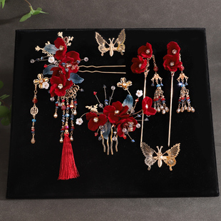 新中式绒花秀禾新娘发饰套装国风花朵发簪蝴蝶发夹敬酒服晨袍配饰