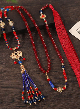 新中式汉服背云流苏项链红色璎珞