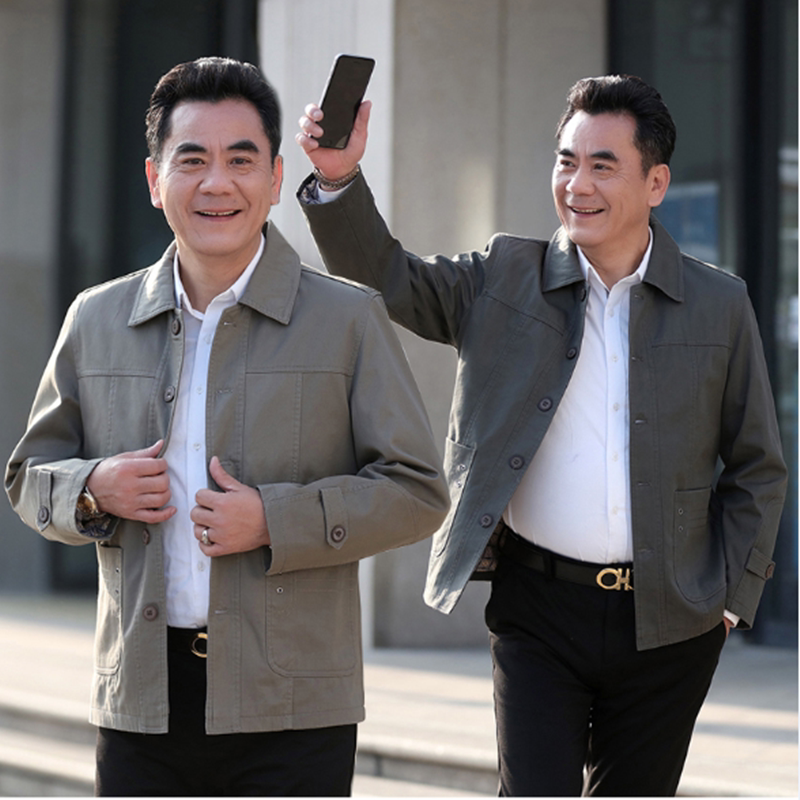 促销春秋装男士夹克衫中老年男装外套中年男全棉翻领单排扣茄克衫