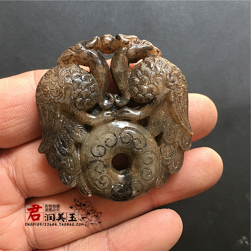 岫玉镂空花鸟凤凰玉佩仿古做旧双凤平安扣玉坠仿老玉古风腰佩道具