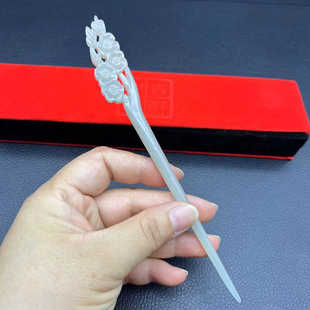 和田玉梅花发簪玉簪青白玉簪子古风汉服头饰发饰配饰女款玉石配饰