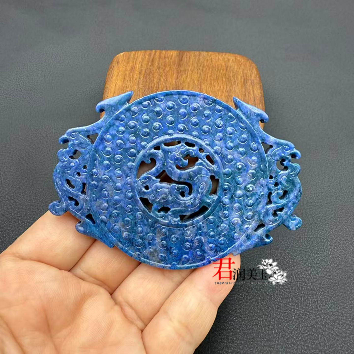 青金石雕纹龙凤玉佩镂空蓝色玉璧挂件玉坠国风汉服挂饰项链坠腰佩