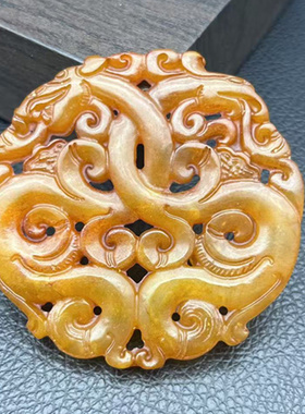岫玉镂空龙凤玉佩玉坠仿古黄色玉石龙凤呈祥吊坠挂件颈饰项坠腰佩