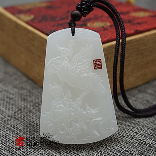 阿富汗玉凤凰吊坠女款白玉凤戏牡丹挂件颈饰毛衣坠凤凰古风玉佩