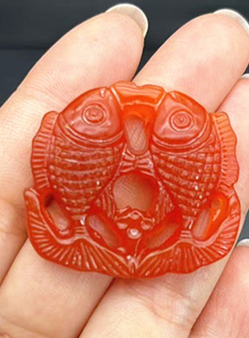 红玛瑙双鱼吊坠挂件仿古雕刻情投意合玉佩玉坠颈饰DIY帽花 帽饰品