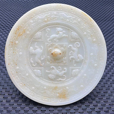 仿白玉螭龙镜仿玉玉璧复古做旧龙靠山壁摆件古风影视道具拍摄饰品
