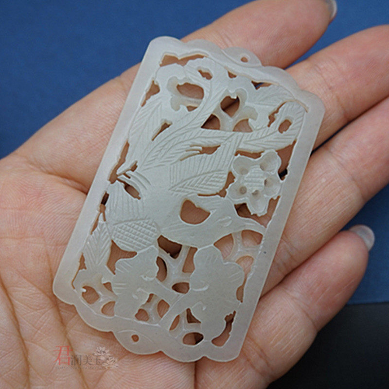 和田玉青白玉镂空拉丝凤凰吊坠挂件玉石玉佩方形玉古风项坠颈饰品