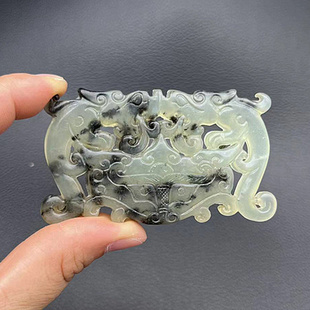 岫玉双龙吊坠挂件仿古水墨风双面雕刻兽面玉璜玉佩玉坠汉服玉腰佩