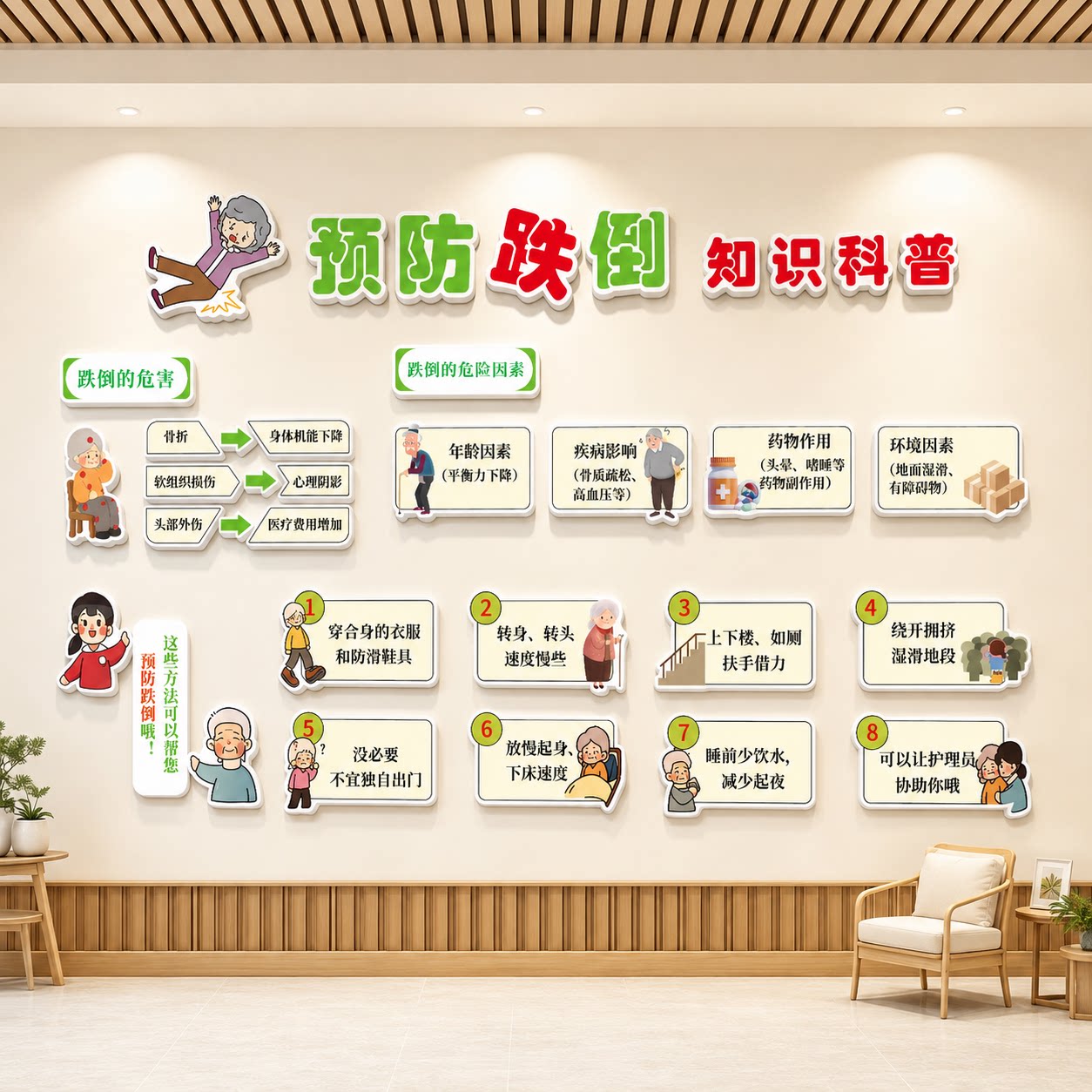 医院墙面装饰病房走廊防滑防跌倒温馨提示牌养老院文化墙氛围布置