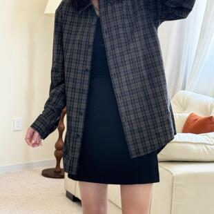 外套宽小众设计松格纹衬衣慵懒感衬衫 小晖诱货复古港风格 子长袖