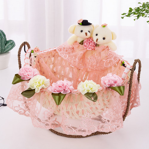 布艺摇篮收纳筐可爱情侣熊收纳篮遥控器水果筐果盘铁艺蕾丝收纳篮