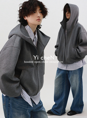 一衬YICHEN  冬季新款重磅500G加厚连帽卫衣廊形感空气层开衫外套