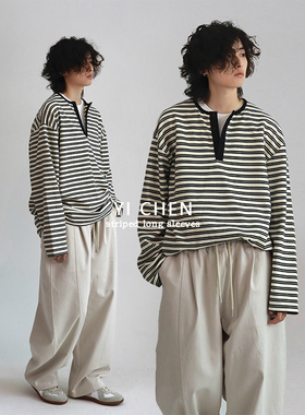 一衬YICHEN  春季新款亨利条纹长袖T恤半开领薄款卫衣男女同款