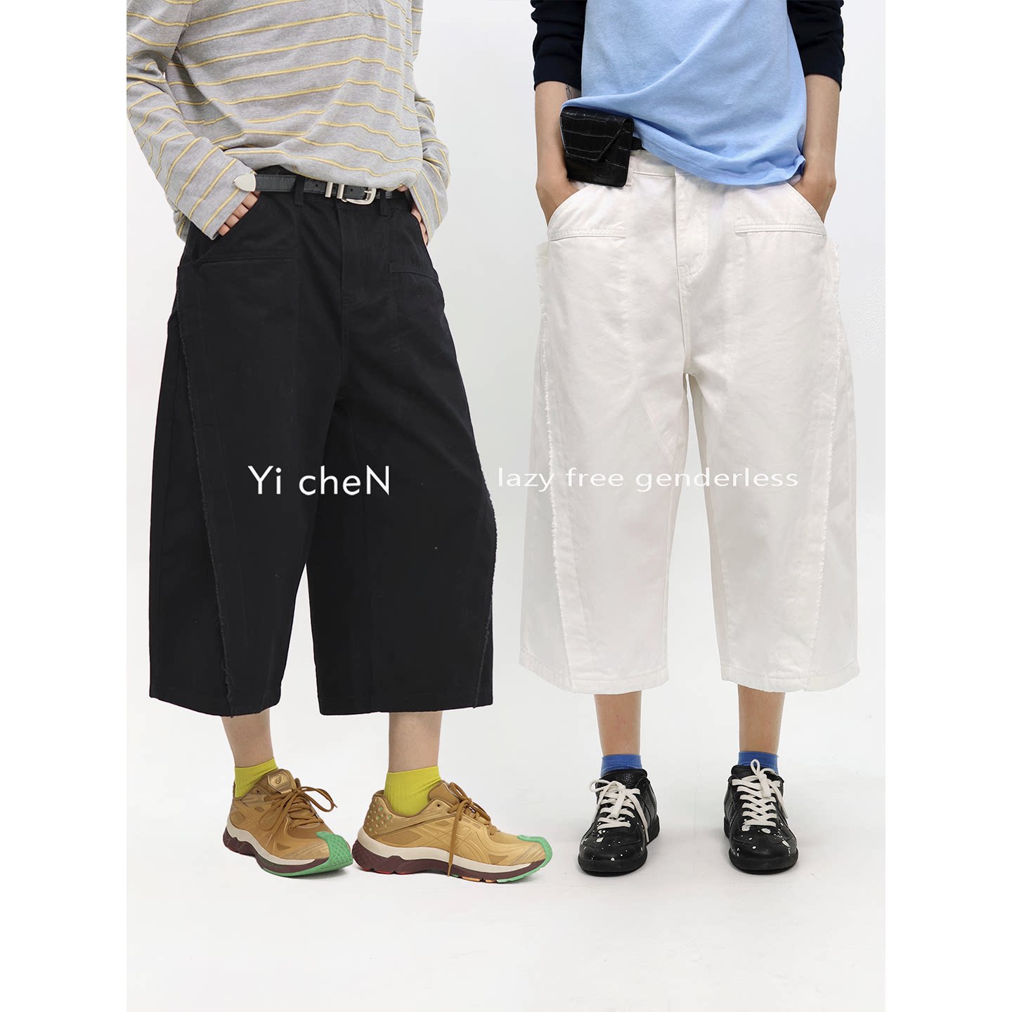 一衬YICHEN 夏季拼接毛边七分裤男立体裁剪宽松百搭廓形休闲短裤