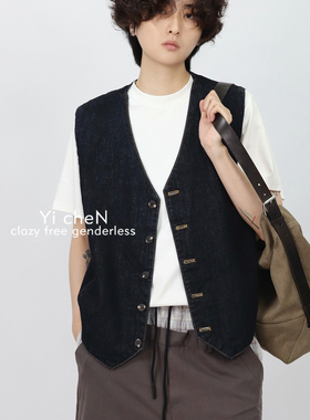 一衬YICHEN 2025春夏新款V领短款水洗牛仔马甲叠穿无袖背心男女款