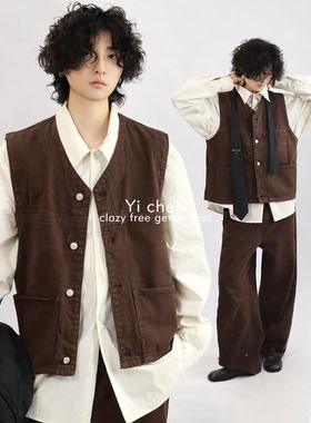 一衬YICHEN 秋冬叠穿V领坎肩马甲复古休闲时尚套装 男女同款