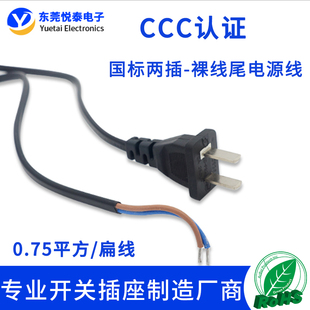 国标两插2芯单头电源线 0.75平方1-5米全铜二扁插头裸尾电源线