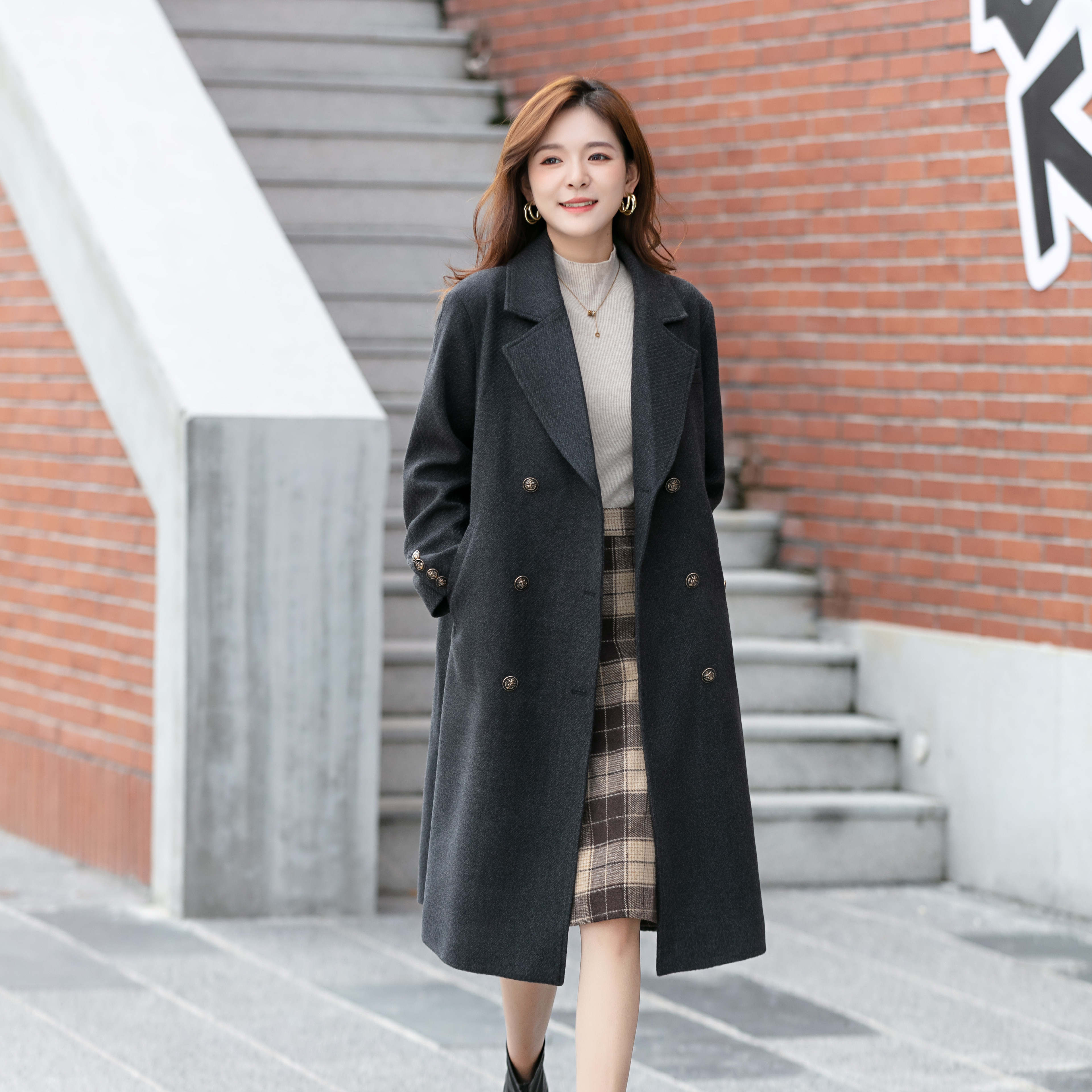 复古斜纹毛呢外套女中长款2025秋冬新款小个子呢子大衣过膝宽松厚