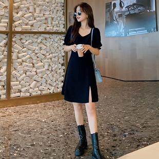 黑色连衣裙女短款2026小个子开叉收腰显瘦小黑裙雪纺薄方领泡泡袖