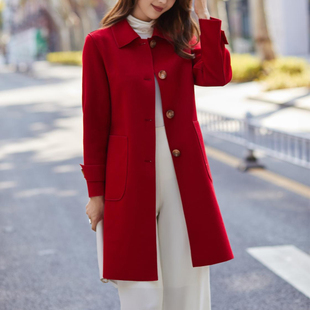 大红色双面羊绒大衣女中长款2025秋冬新款喜婆婆婚礼毛呢外套厚